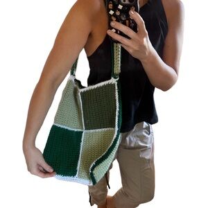 Handmade Green and Cream Crochet hobo Tote Bag 12x15” bohemian patchwork style